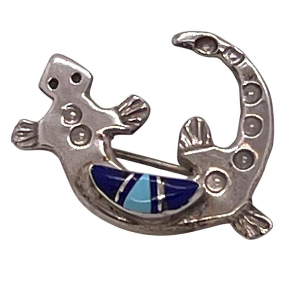 Sterling Silver Navajo Native American Signed Mosaic Inlay Lizard Brooch Pin VTG - Picture 2 of 9